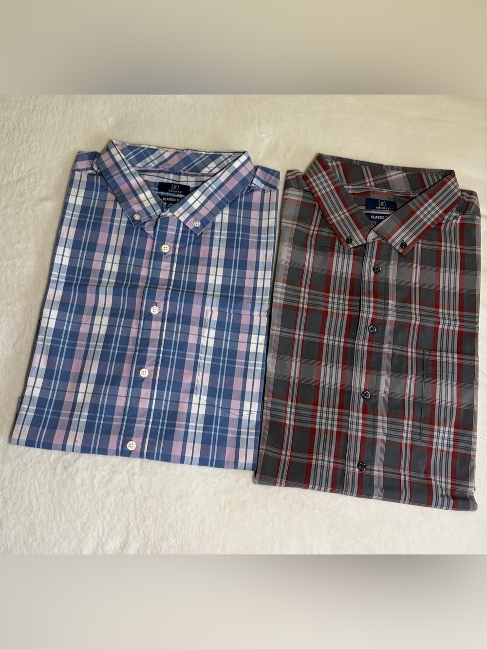 2 George Men's Plaid Button-Down Shirts — Blue/Pink & Gray/Red Pair Sz 3XL